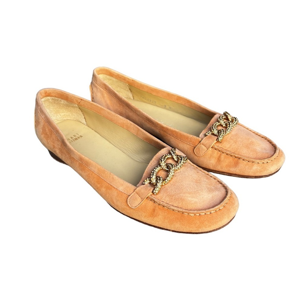 Stuart Weitzman light peach Suede horse-bit loafers/rhinestone-Leather SZ-9
